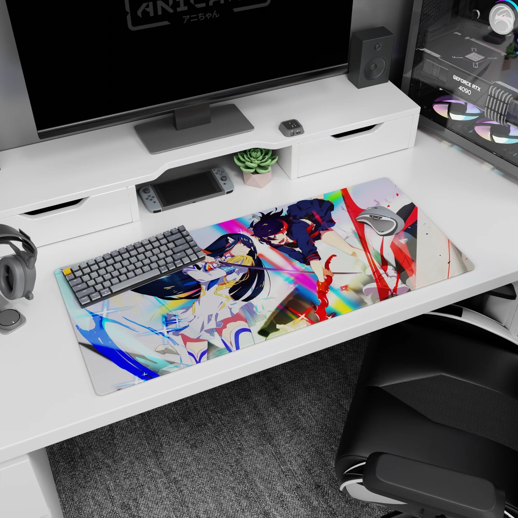 Anime girl desk pad 36x16 inches showing black-haired armored heroine clashing with red-haired rival in motion.