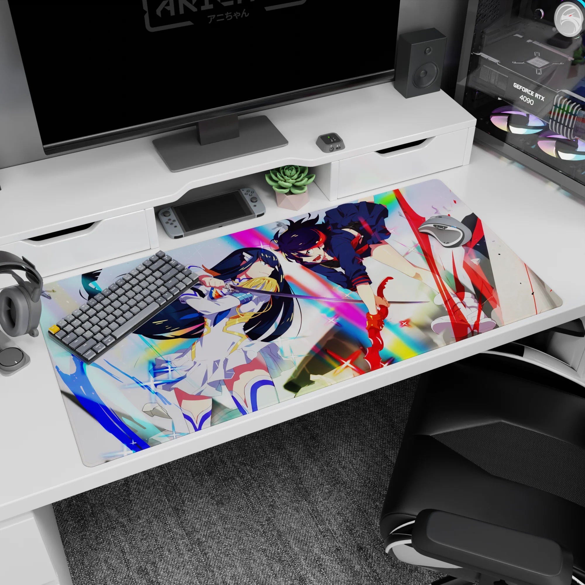 40x20 inches anime girl desk pad showing black-haired armored fighter vs red-haired rival lunging forward.