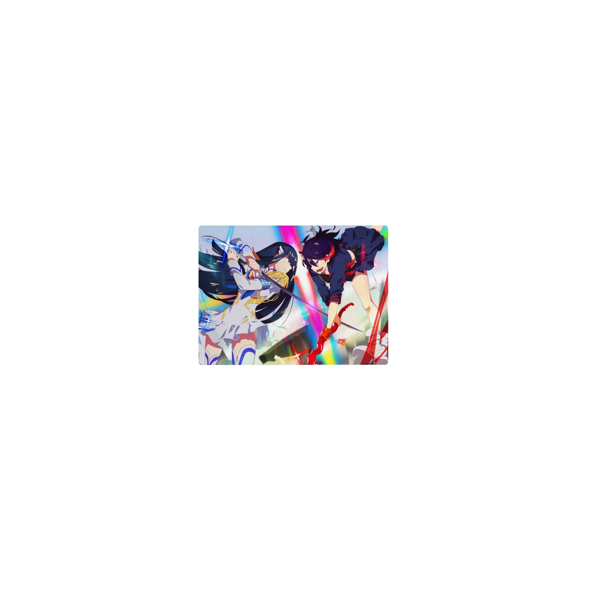 14x10 inches classic anime girl mouse pad with two fighters clashing, armor, red gloves, rainbow sparkles.