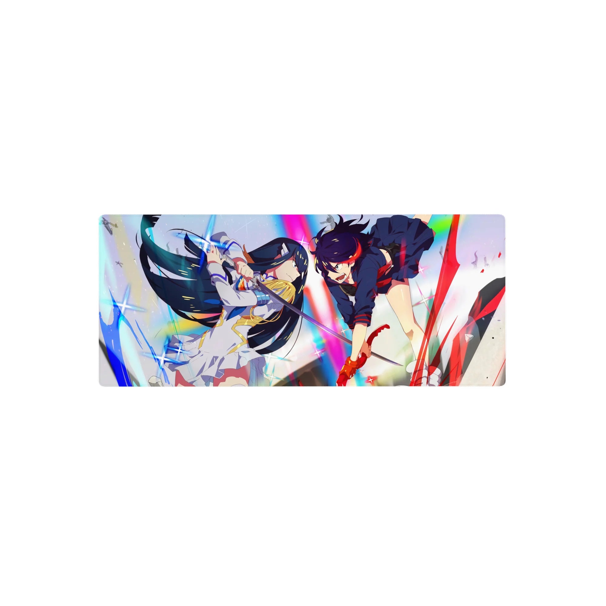 28x12 inches anime girl mouse pad with two rivals clashing in rainbow light, armor vs dark outfit.
