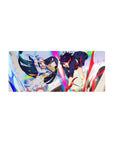 28x12 inches anime girl mouse pad with two rivals clashing in rainbow light, armor vs dark outfit.
