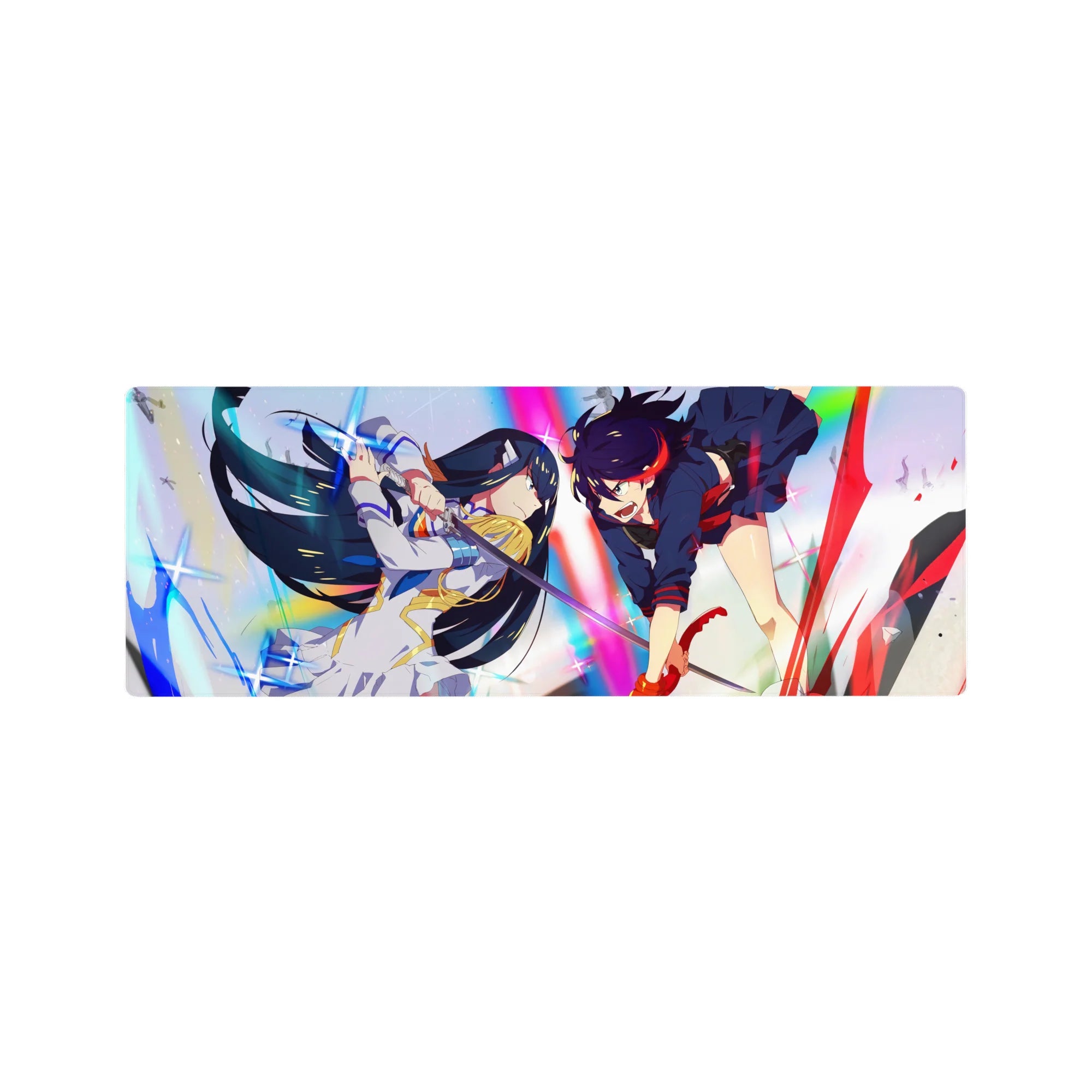 32x12 inches anime girl mouse pad with two warriors clashing, black hair armor vs red streak gloves.
