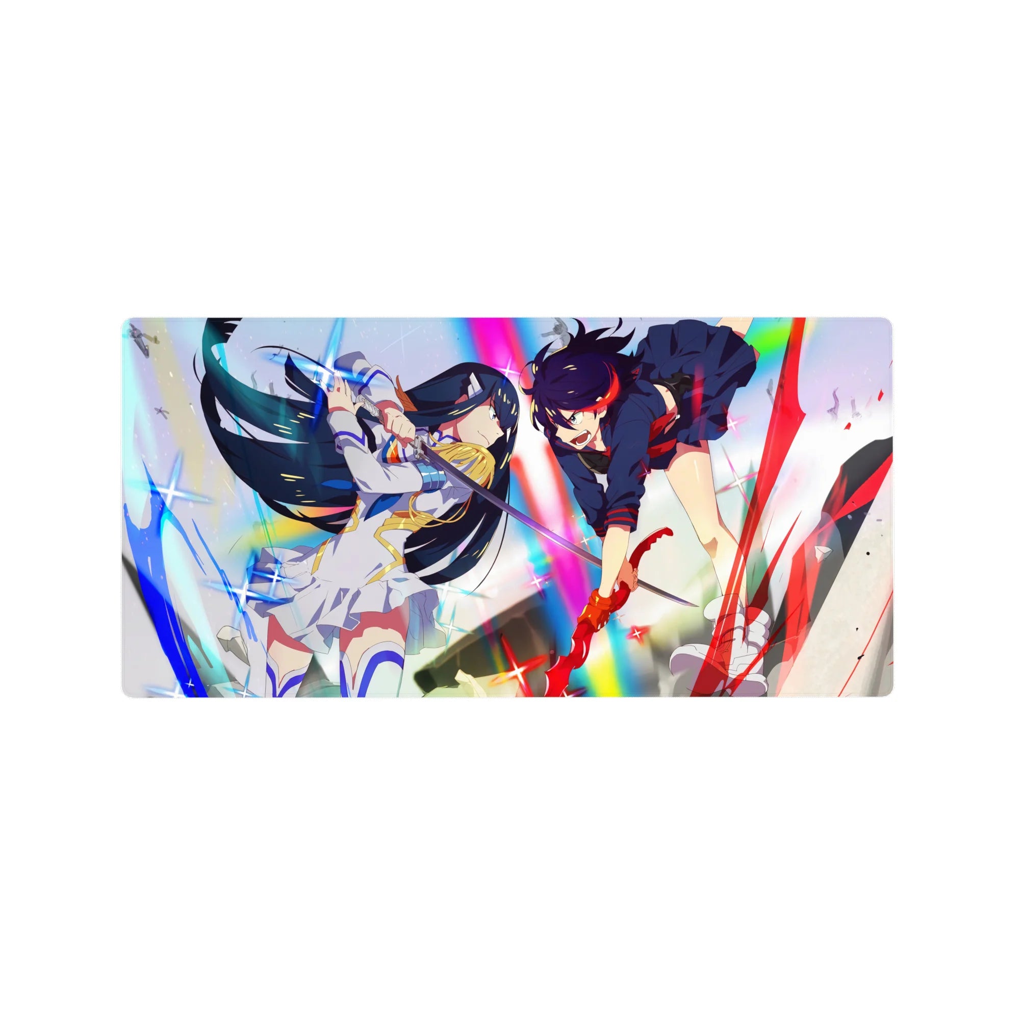 32x16 inches anime girl mouse pad with two fighters clashing in rainbow light, armor vs red gloves.