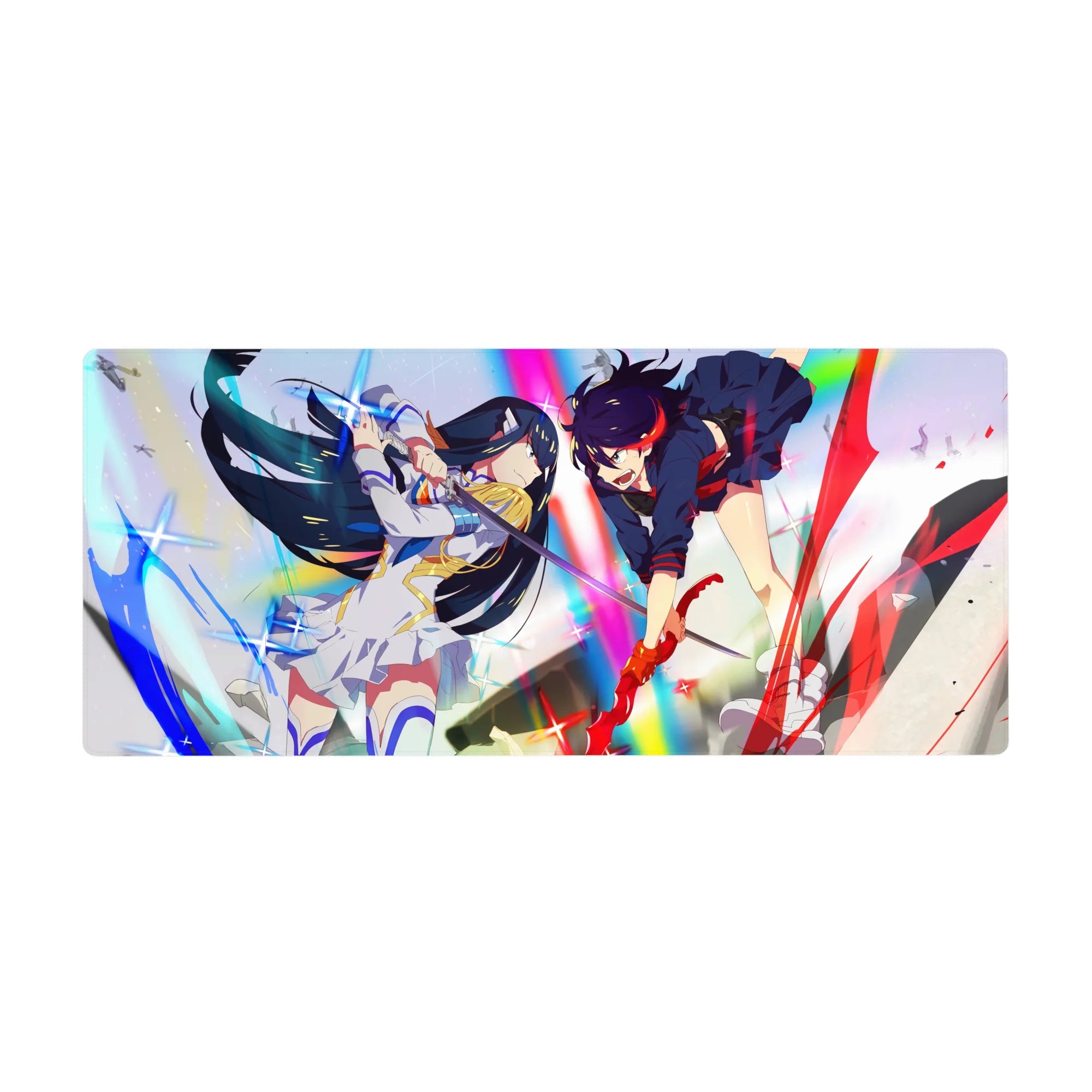 Anime girl desk pad 36x16 inches with two fighters colliding in rainbow light, sharp armor and sparkles.