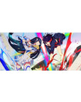 Anime girl desk pad 36x16 inches with two fighters colliding in rainbow light, sharp armor and sparkles.