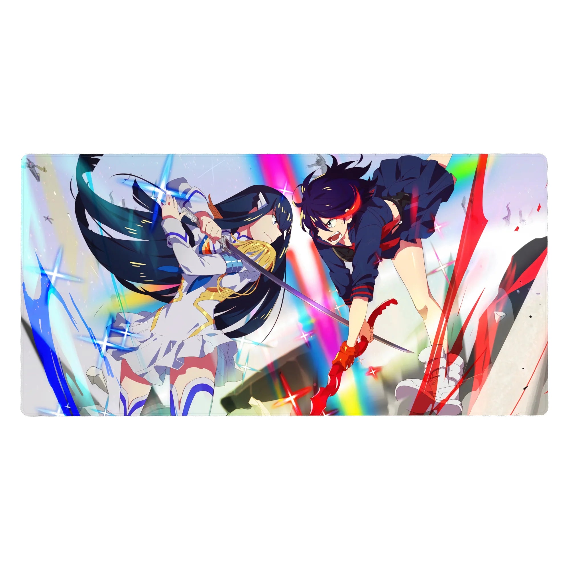 Anime girl desk pad 40x20 inches with two warriors clashing in rainbow light, armor and red gloves.