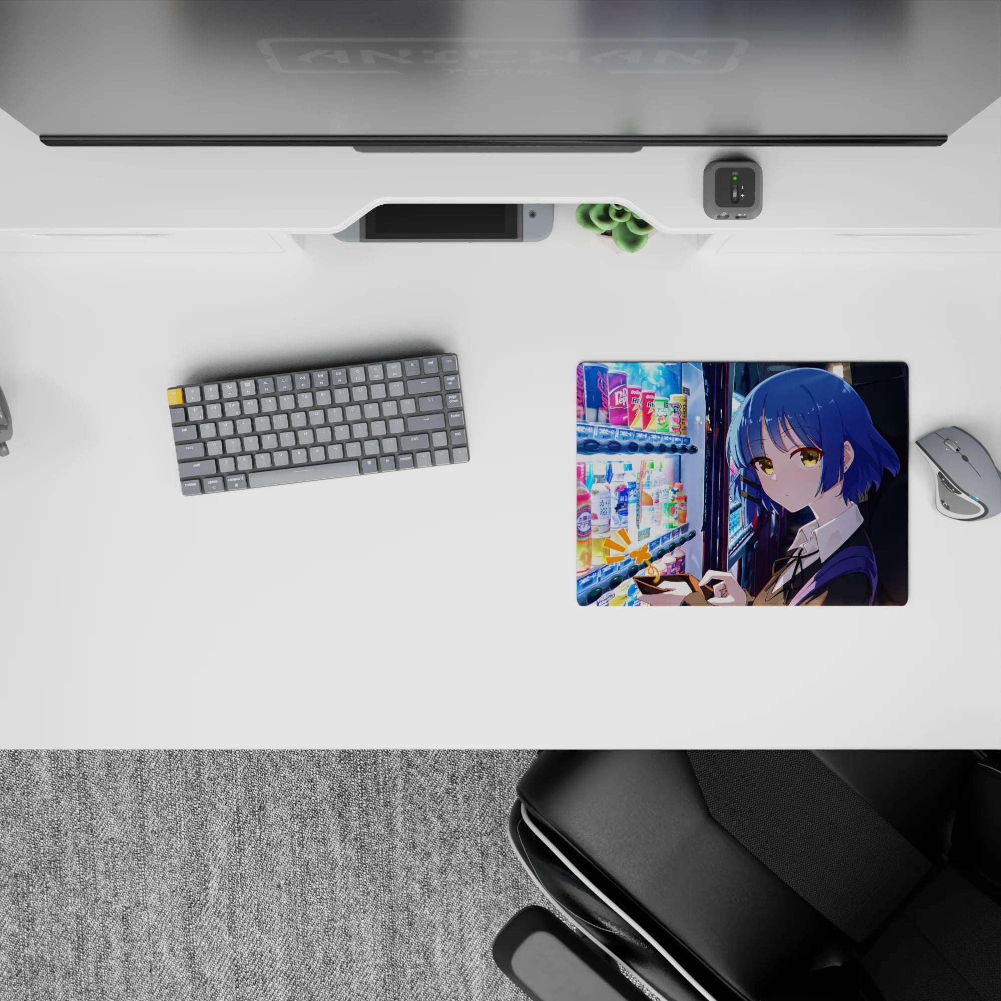 Blue-and-gold neon vibe anime girl mouse pad 14x10 inches, calming night street reflections.