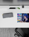 Blue-and-gold neon vibe anime girl mouse pad 14x10 inches, calming night street reflections.