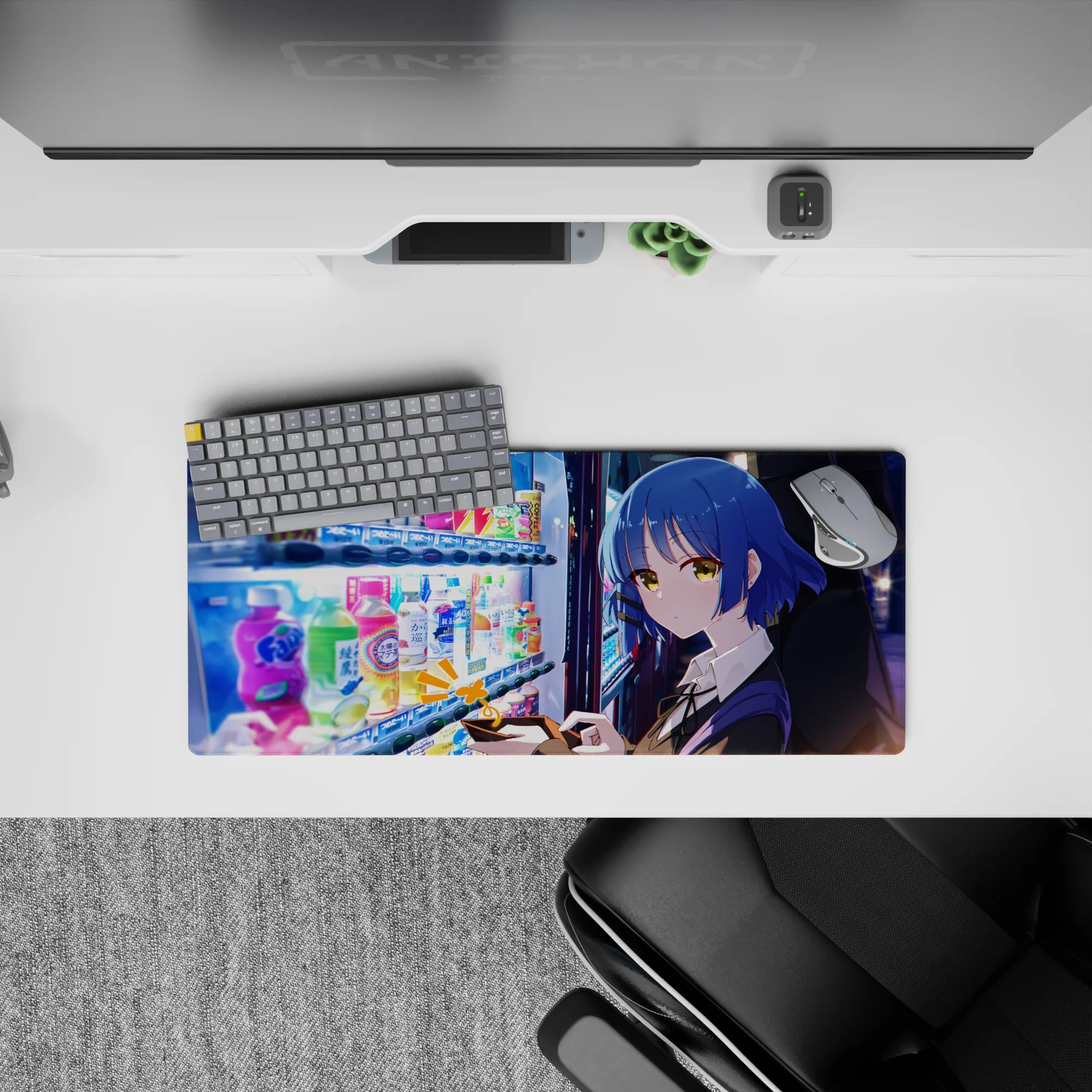 28x12 inches mouse pad in calming neon blues and warm gold glow, candy bottles reflecting on a desk.