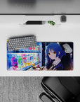 28x12 inches mouse pad in calming neon blues and warm gold glow, candy bottles reflecting on a desk.