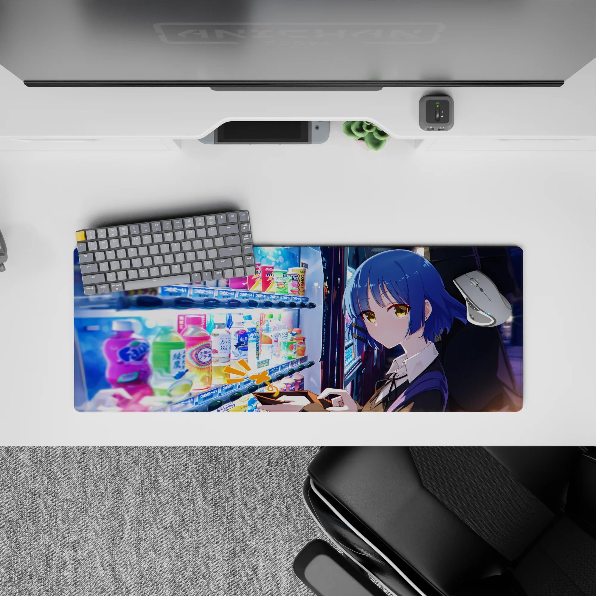 32x12 inches anime desk mouse pad in neon blues and candy colors, calm late-night city glow aesthetic.
