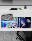 32x12 inches anime desk mouse pad in neon blues and candy colors, calm late-night city glow aesthetic.