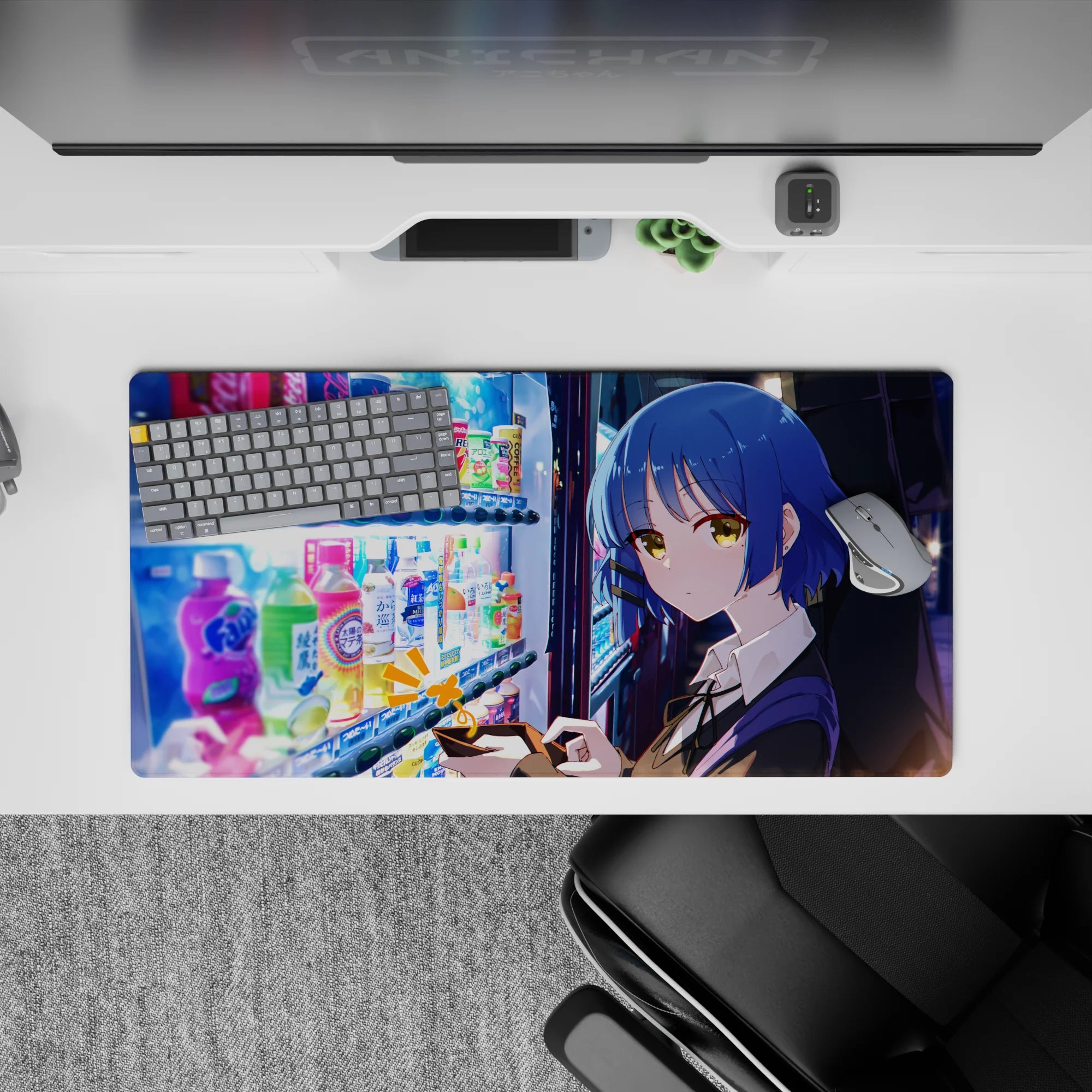 32x16 inches mouse pad in neon blues and gold, calm late-night city glow with colorful bottles.