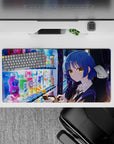 32x16 inches mouse pad in neon blues and gold, calm late-night city glow with colorful bottles.