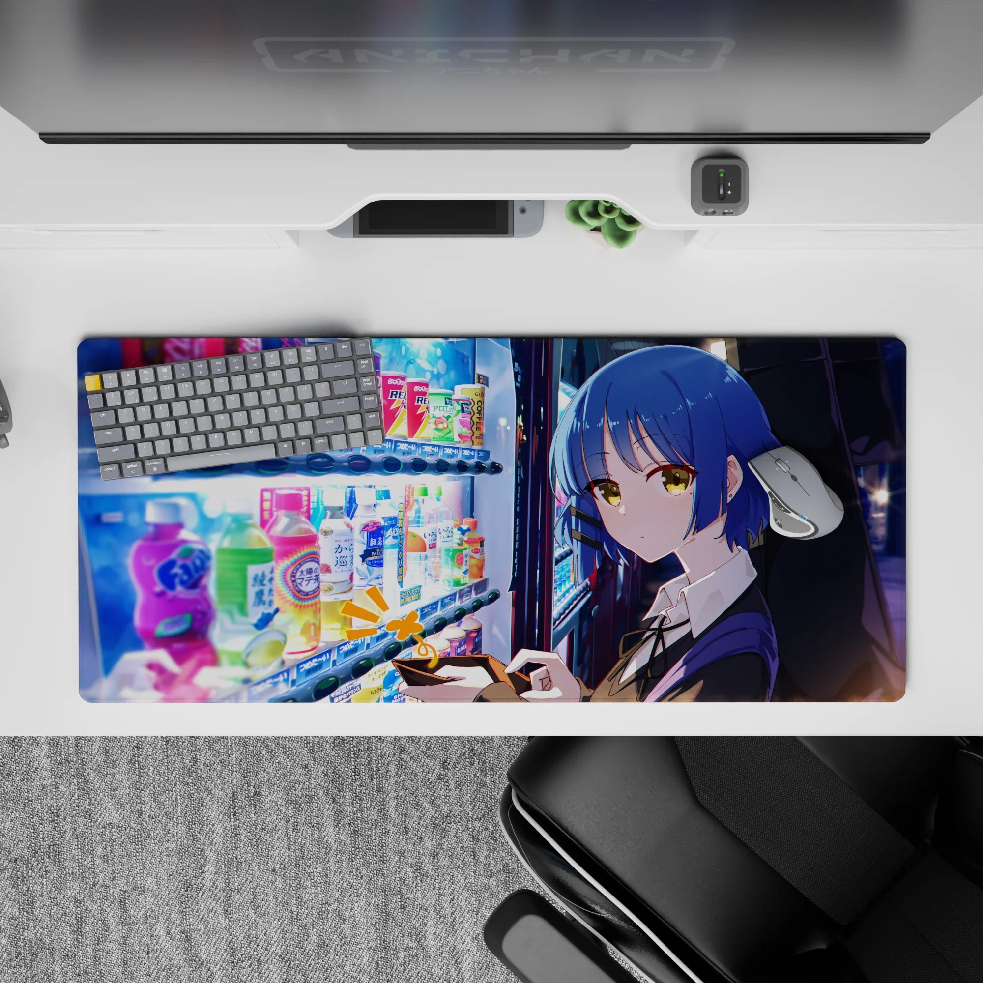 36x16 inches anime desk pad in calming neon blues and warm city glow with candy-colored reflections.