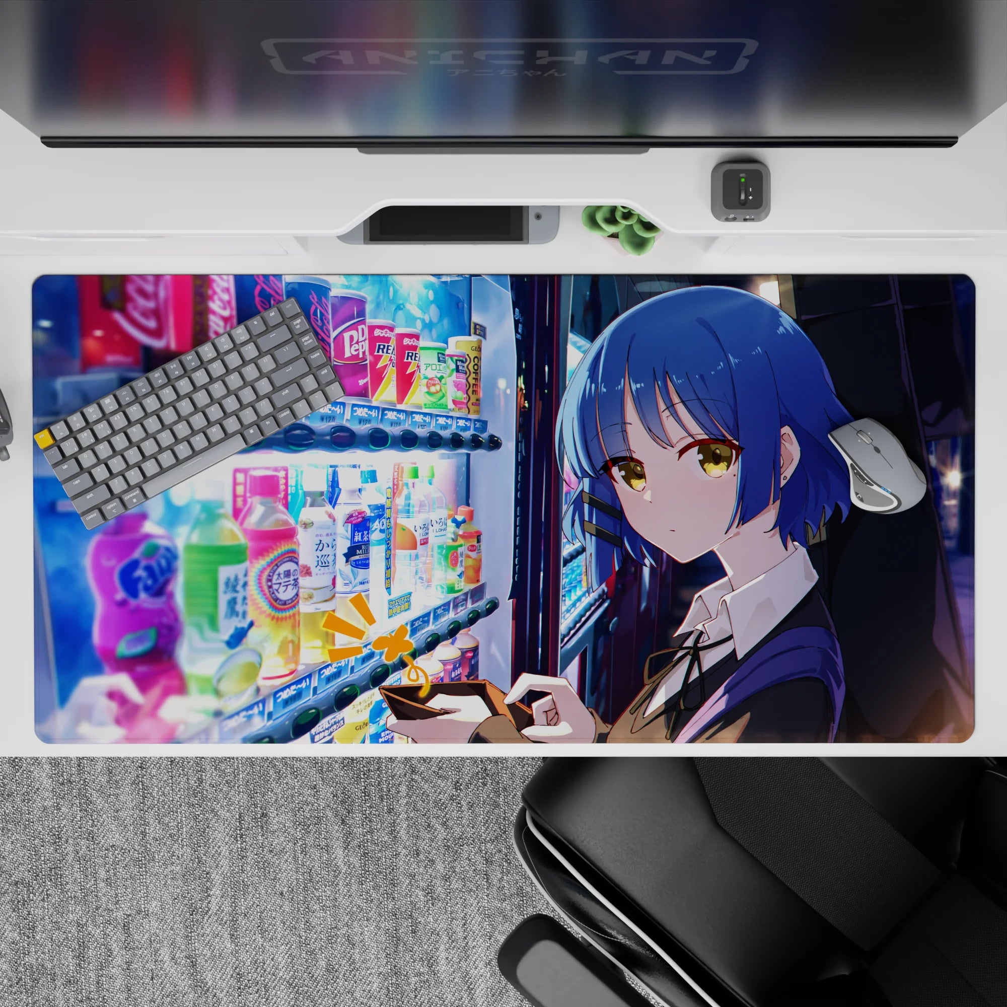 40x20 inches anime desk pad in neon blues and gold glow, calming late-night city vibe.