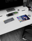 Blue-bobbed anime heroine texting by a vending machine mouse pad 14x10 inches, golden eyes.
