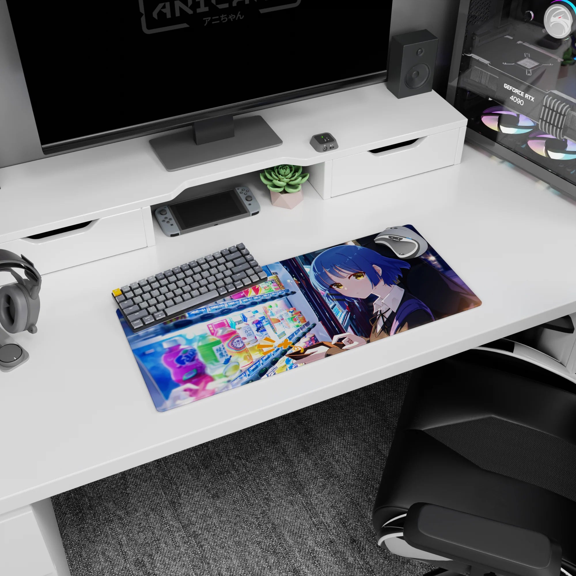 28x12 inches anime mouse pad showing a golden-eyed girl texting by a vending machine, crisp uniform collar.