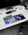 28x12 inches anime mouse pad showing a golden-eyed girl texting by a vending machine, crisp uniform collar.