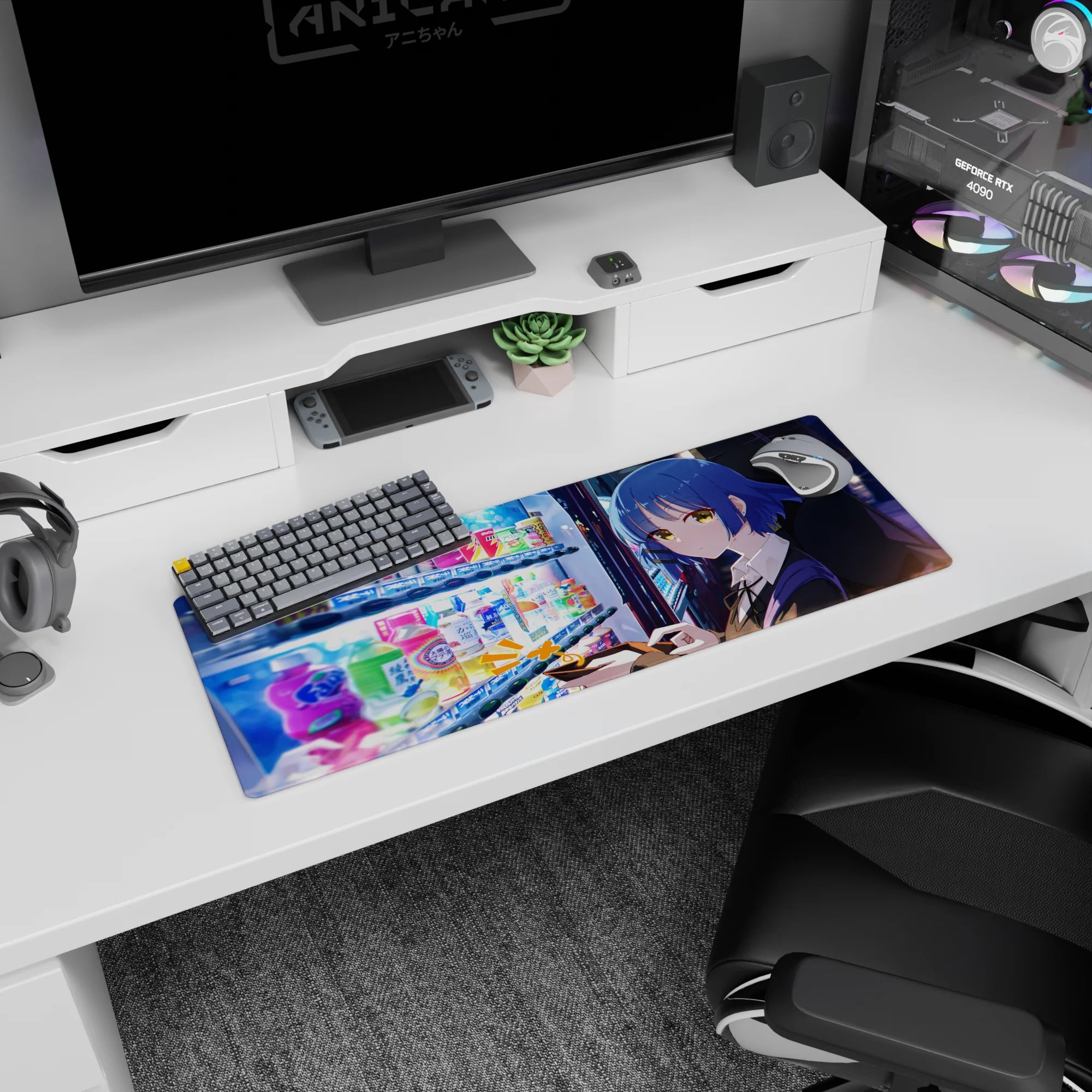 32x12 inches anime girl mouse pad showing golden-eyed student texting beside a vending machine at night.