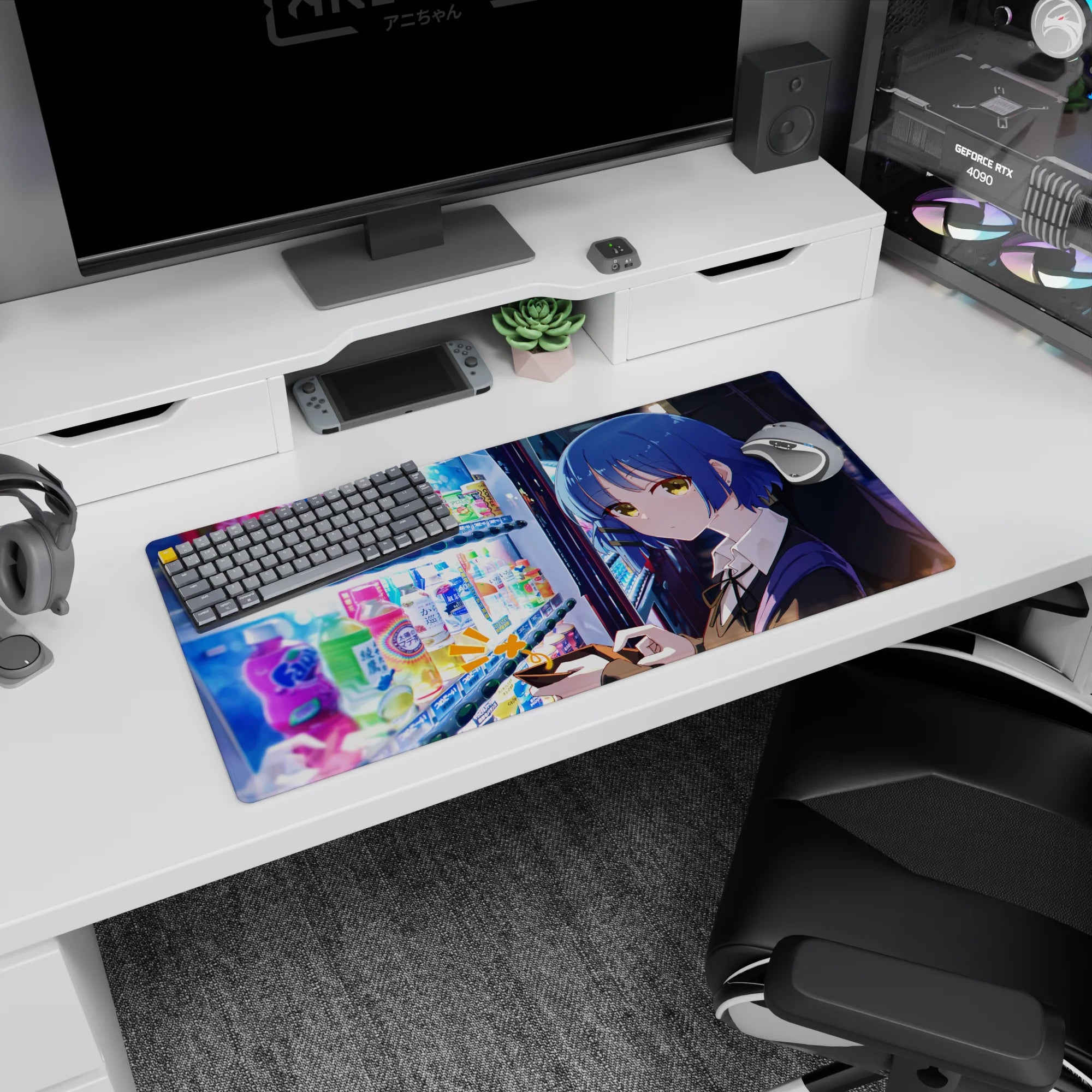 32x16 inches anime desk mat featuring a golden-eyed girl in dark uniform tapping her phone by vending.
