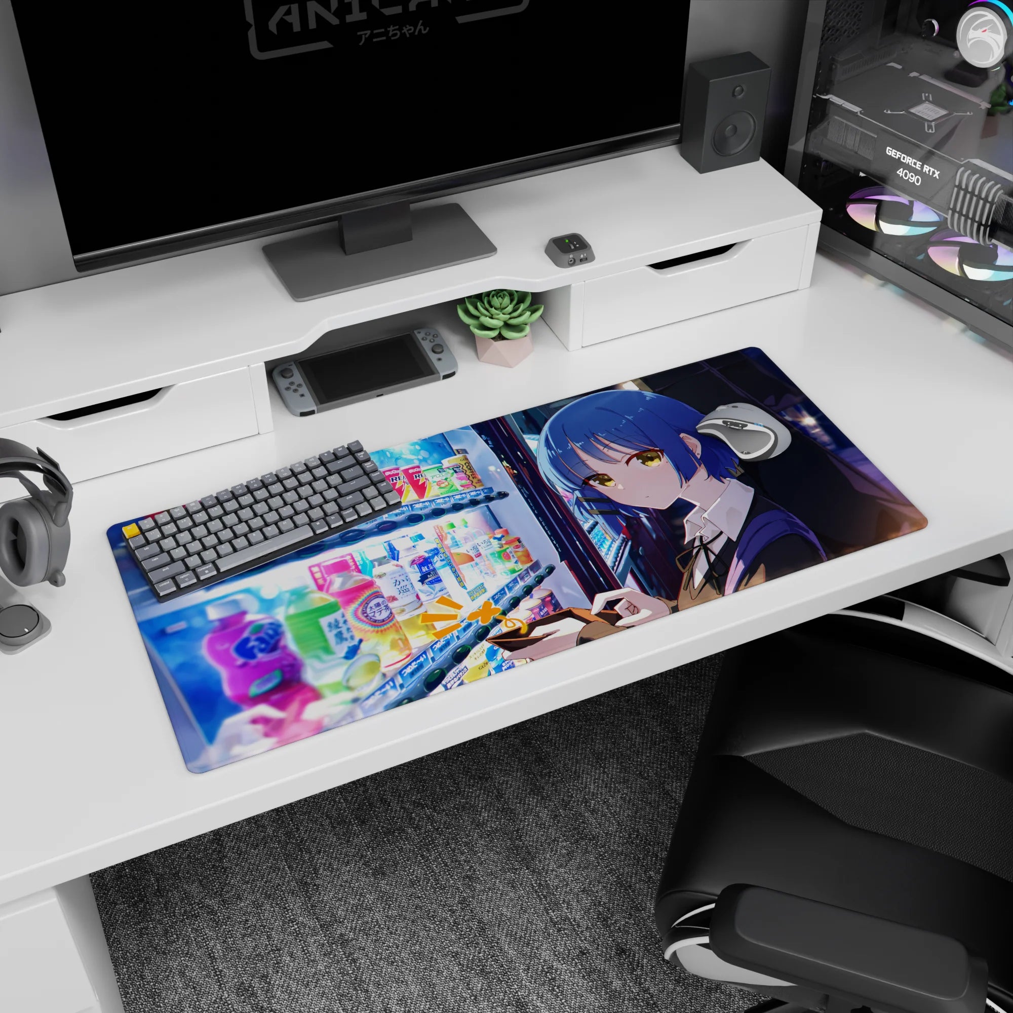 Anime girl with blue bob and golden eyes texting by a vending machine desk pad 36x16 inches.