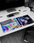 Anime girl with blue bob and golden eyes texting by a vending machine desk pad 36x16 inches.