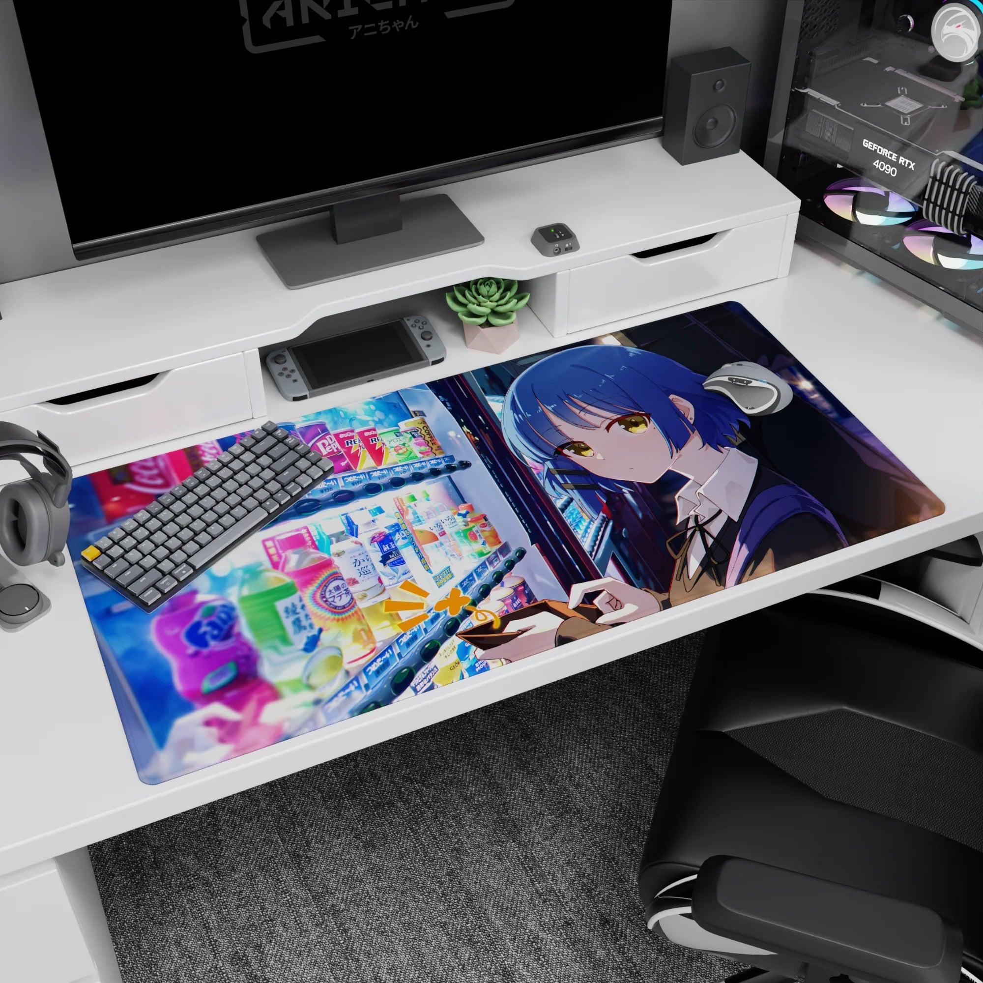 Anime girl 40x20 inches desk pad featuring blue-bobbed girl by vending machine, golden eyes.