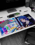 Anime girl 40x20 inches desk pad featuring blue-bobbed girl by vending machine, golden eyes.