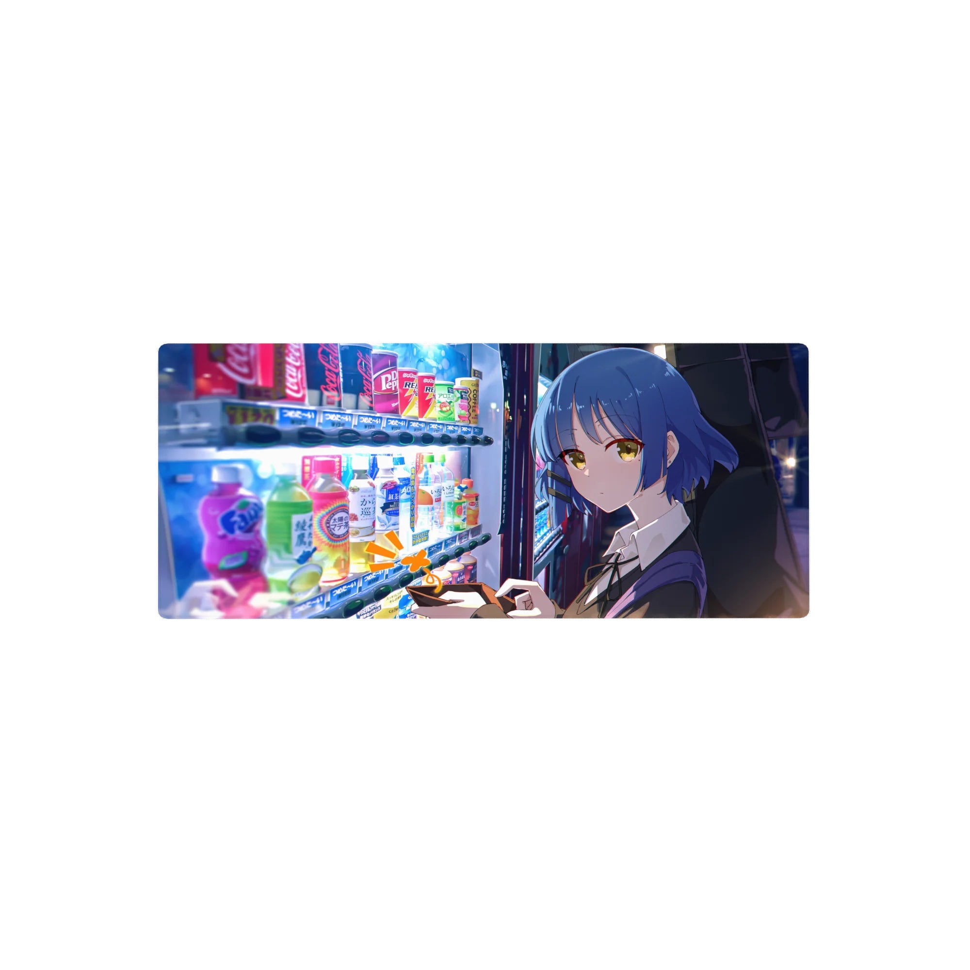 28x12 inches anime girl mouse pad with blue-bob heroine at a vending machine in neon city night.