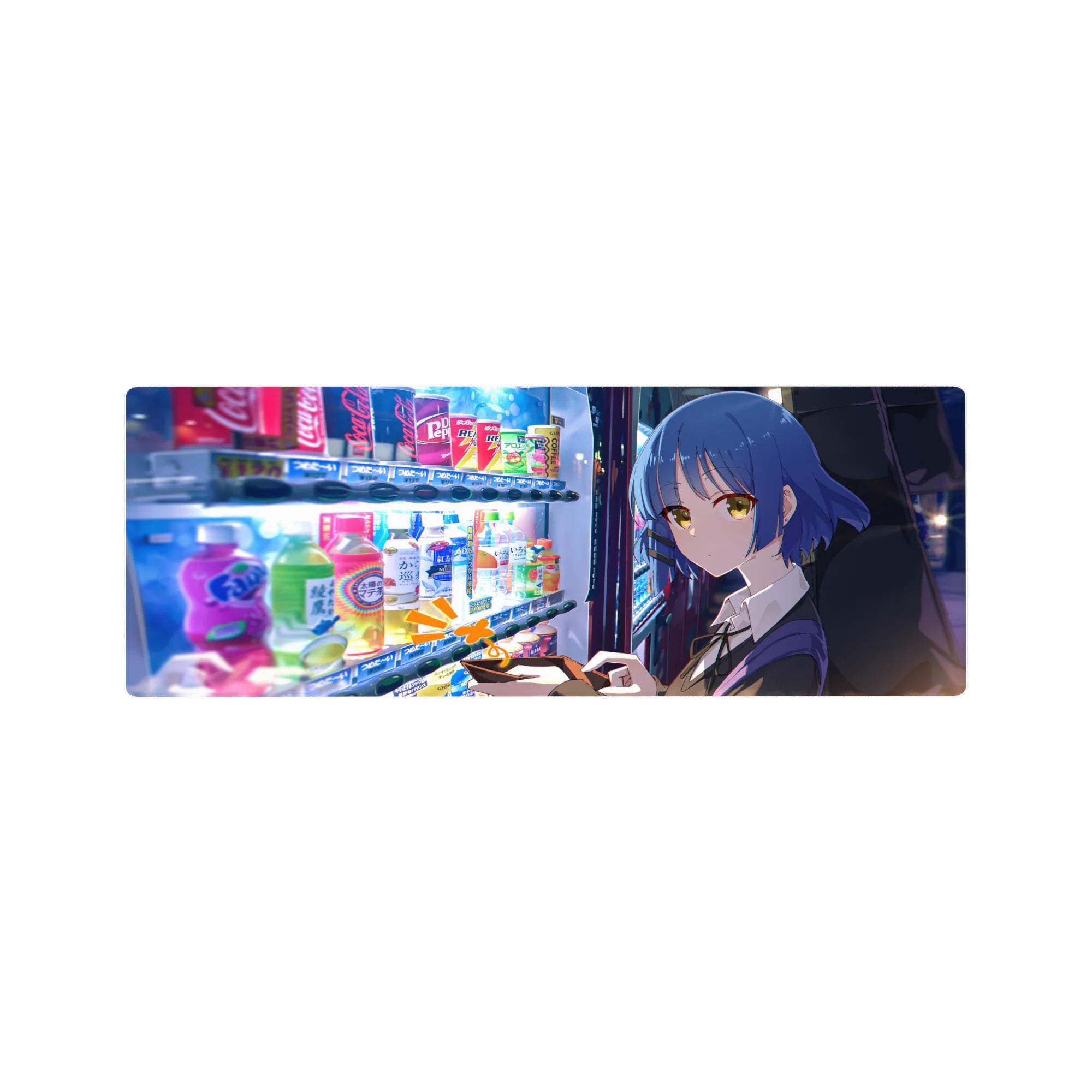 32x12 inches anime girl mouse pad with blue-bobbed heroine by a neon vending machine, classy uniform art.