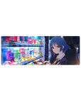32x12 inches anime girl mouse pad with blue-bobbed heroine by a neon vending machine, classy uniform art.