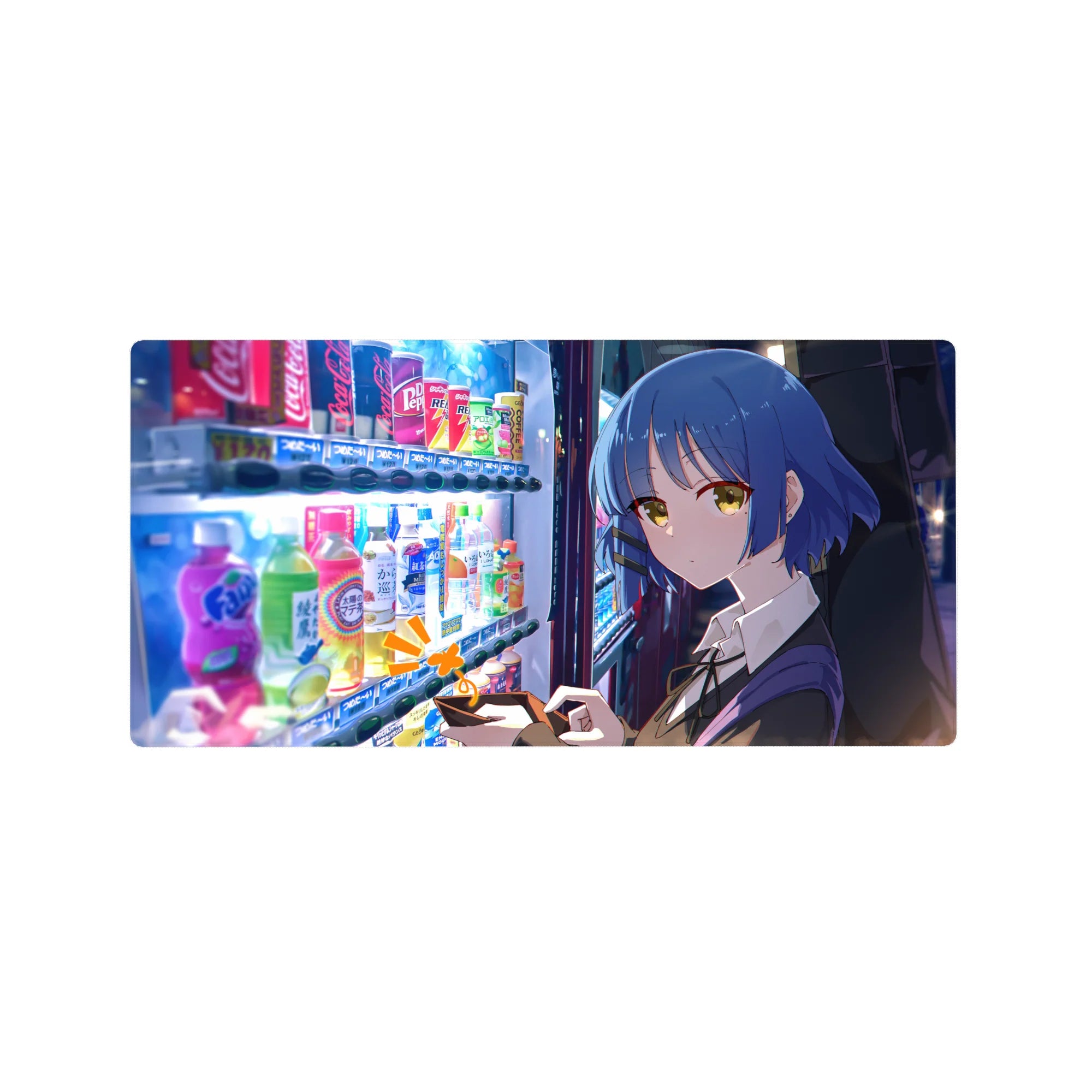 32x16 inches anime girl mouse pad with blue-bobbed heroine by a neon vending machine at night.