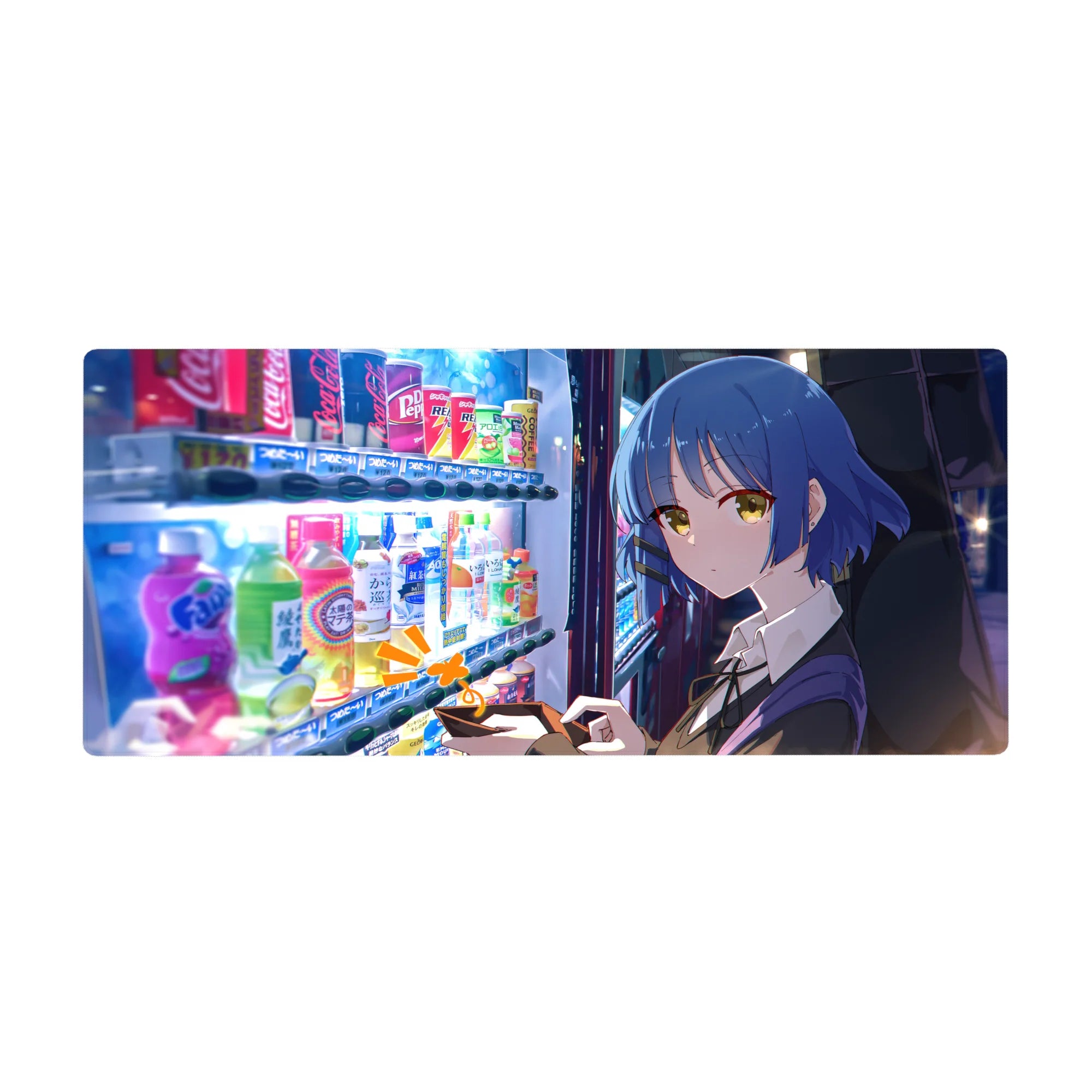 Anime girl desk pad 36x16 inches with neon vending machine scene and sleek uniform details.