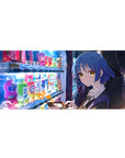 Anime girl desk pad 36x16 inches with neon vending machine scene and sleek uniform details.