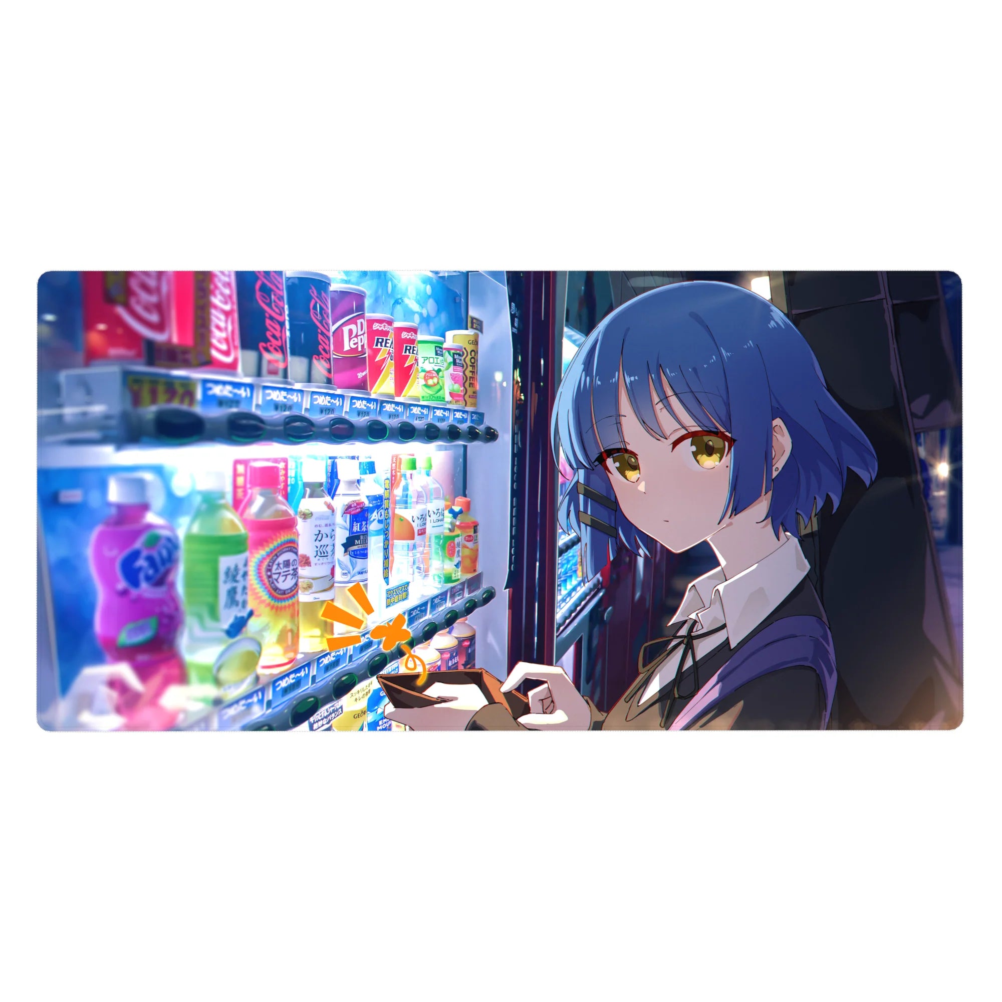 Anime girl desk pad 40x20 inches with neon vending machine scene, blue-bob heroine and phone.