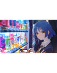 Anime girl desk pad 40x20 inches with neon vending machine scene, blue-bob heroine and phone.