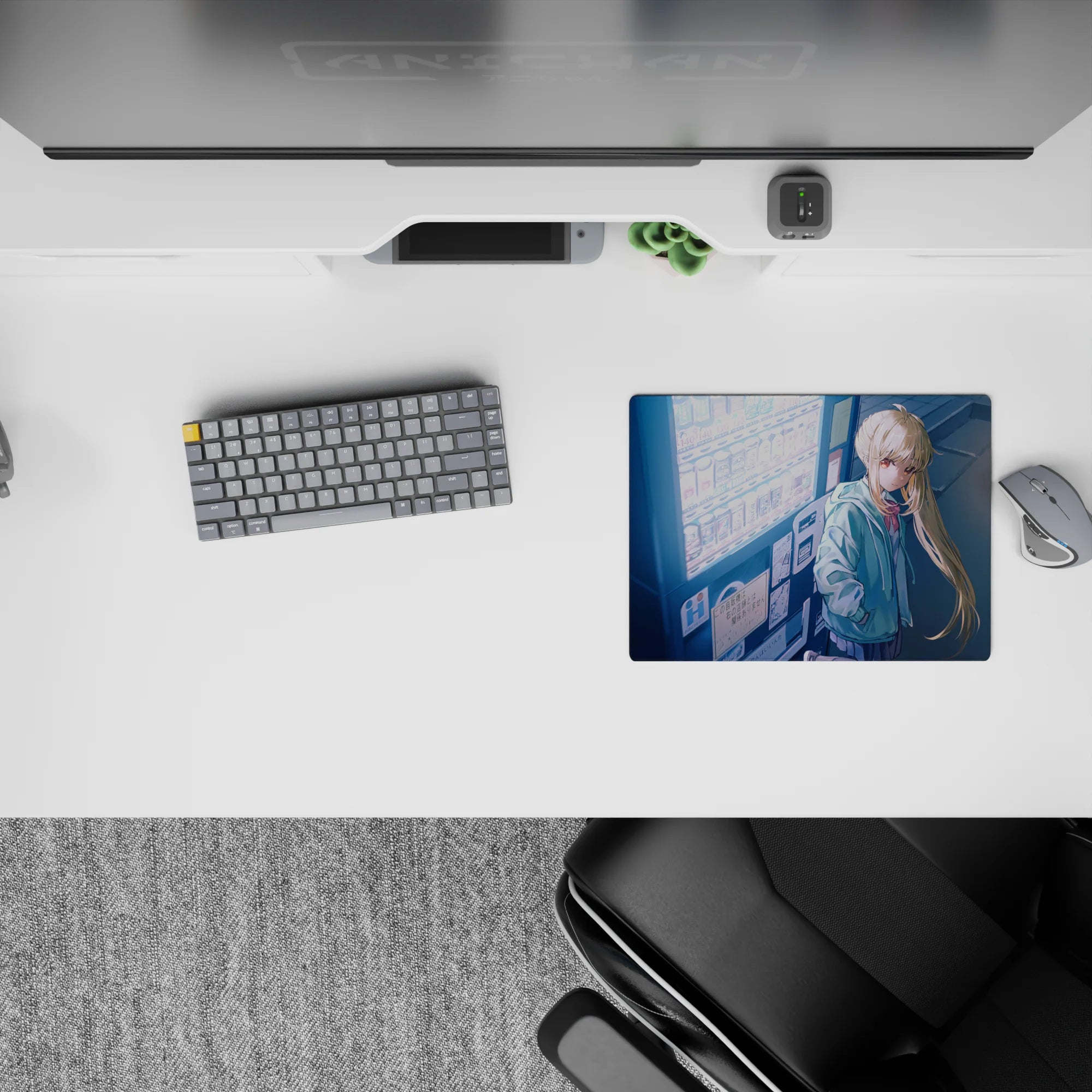 Neon city glow mouse pad 14x10 inches in cool blues and whites, cozy late-night romance vibe.