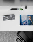 Neon city glow mouse pad 14x10 inches in cool blues and whites, cozy late-night romance vibe.