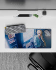 28x12 inches anime mouse pad in cool blues and neon whites, late-night glow with cozy romantic mood.