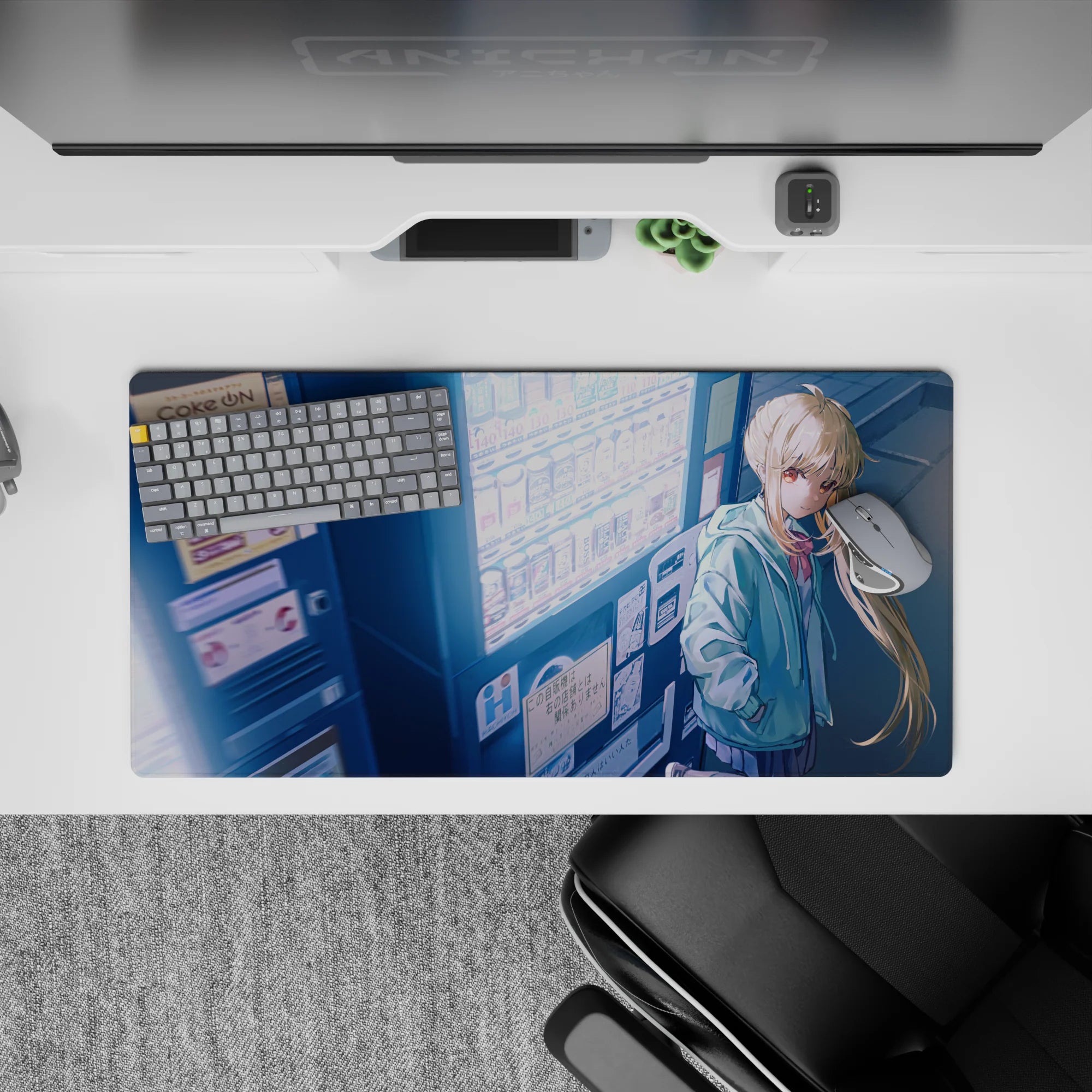 32x16 inches anime mouse pad in cool blues and neon whites, cozy late-night romance vibe.