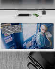 32x16 inches anime mouse pad in cool blues and neon whites, cozy late-night romance vibe.