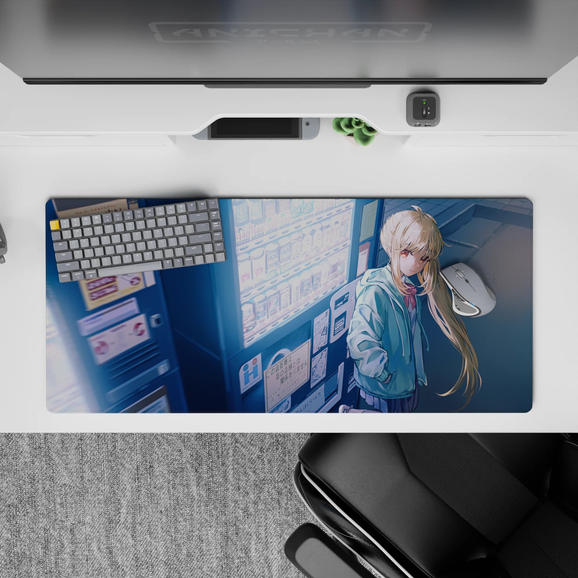 36x16 inches desk pad in cool blues and neon whites, cozy late-night city glow romance vibe.