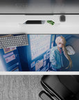 36x16 inches desk pad in cool blues and neon whites, cozy late-night city glow romance vibe.