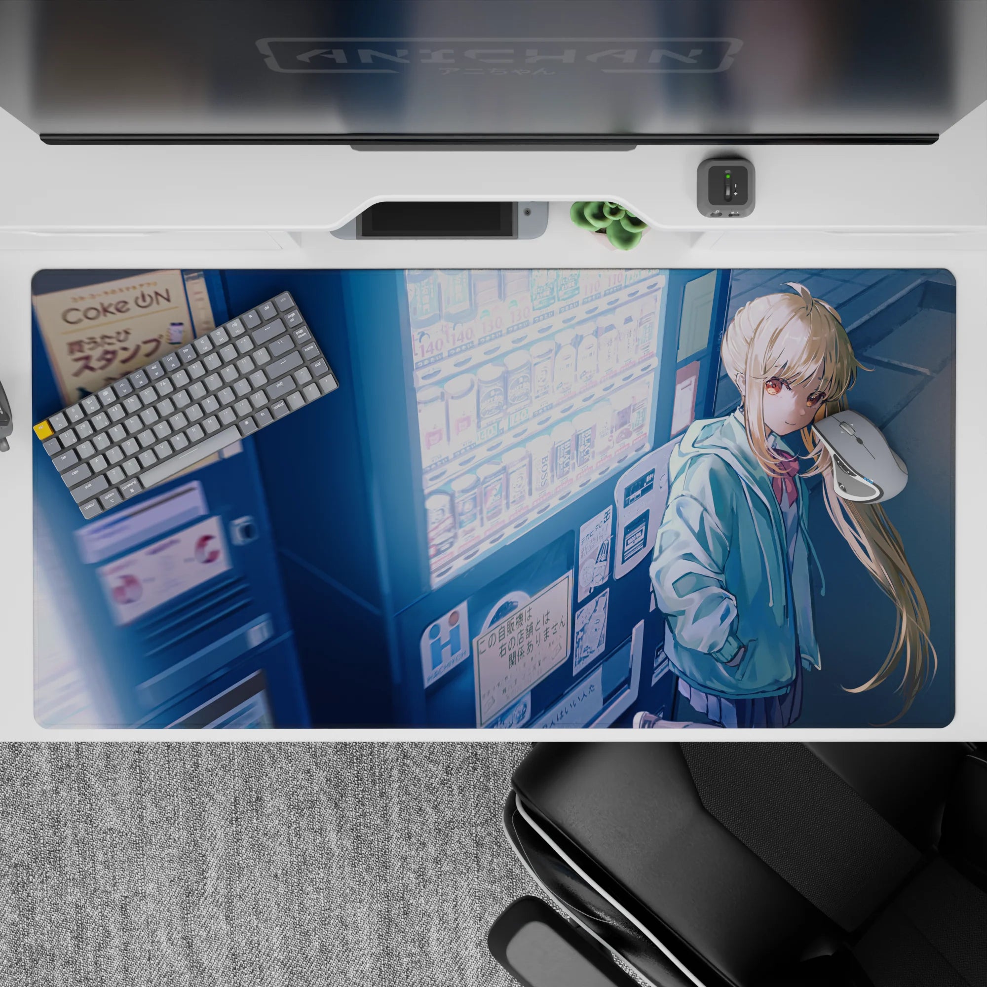 40x20 inches desk pad in cool blue neon glow, cozy late-night romance vibe with Japanese street labels.
