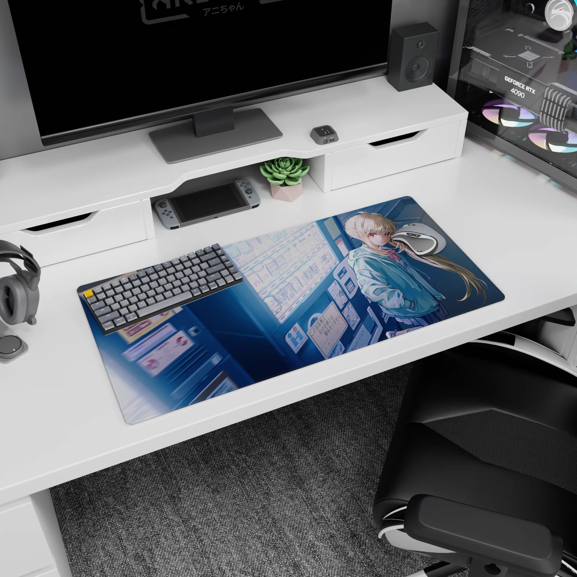 32x16 inches mouse pad showing shy blonde anime girl by colorful vending machines with Japanese labels.