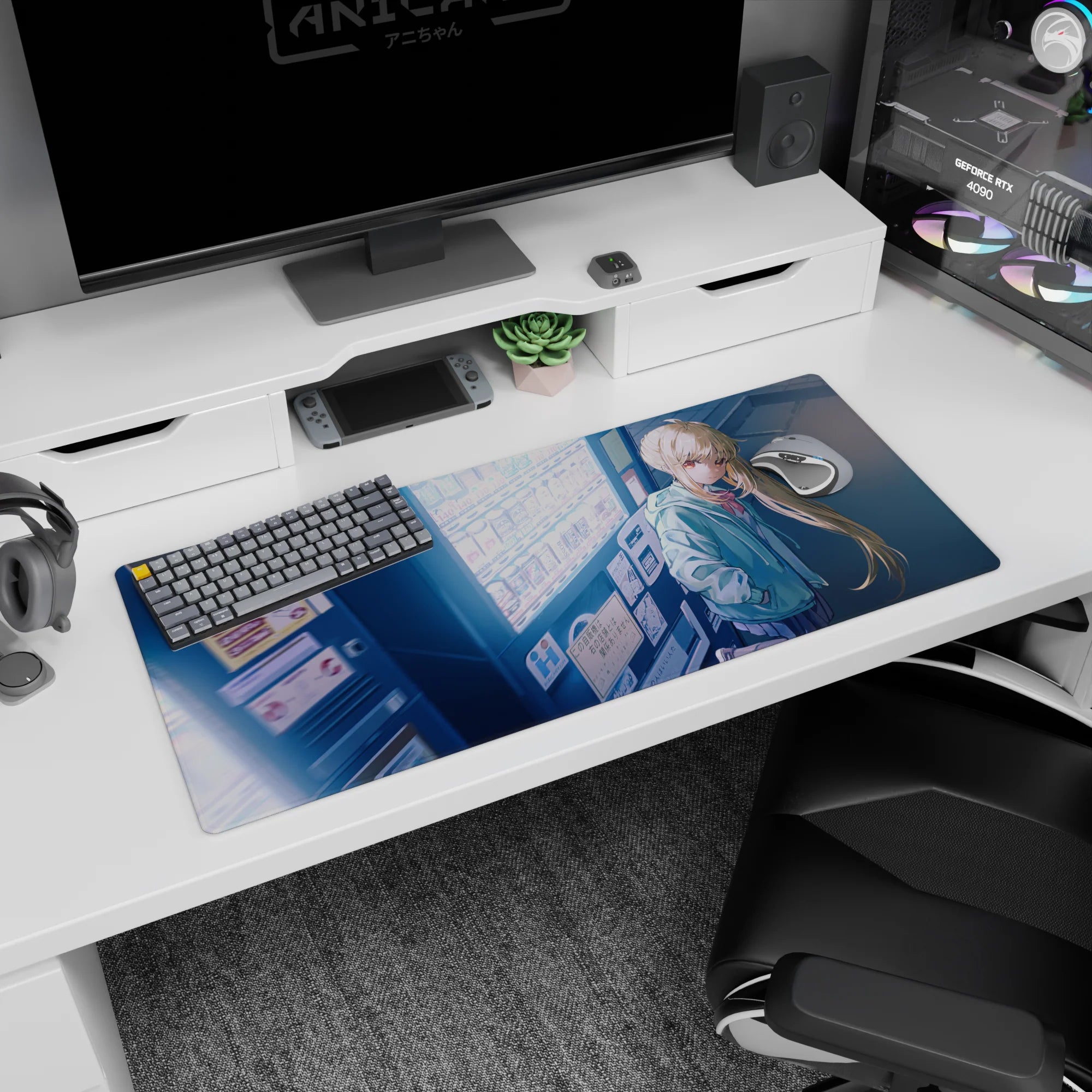36x16 inches anime desk pad featuring shy blonde girl in oversized mint hoodie by colorful vending machines.