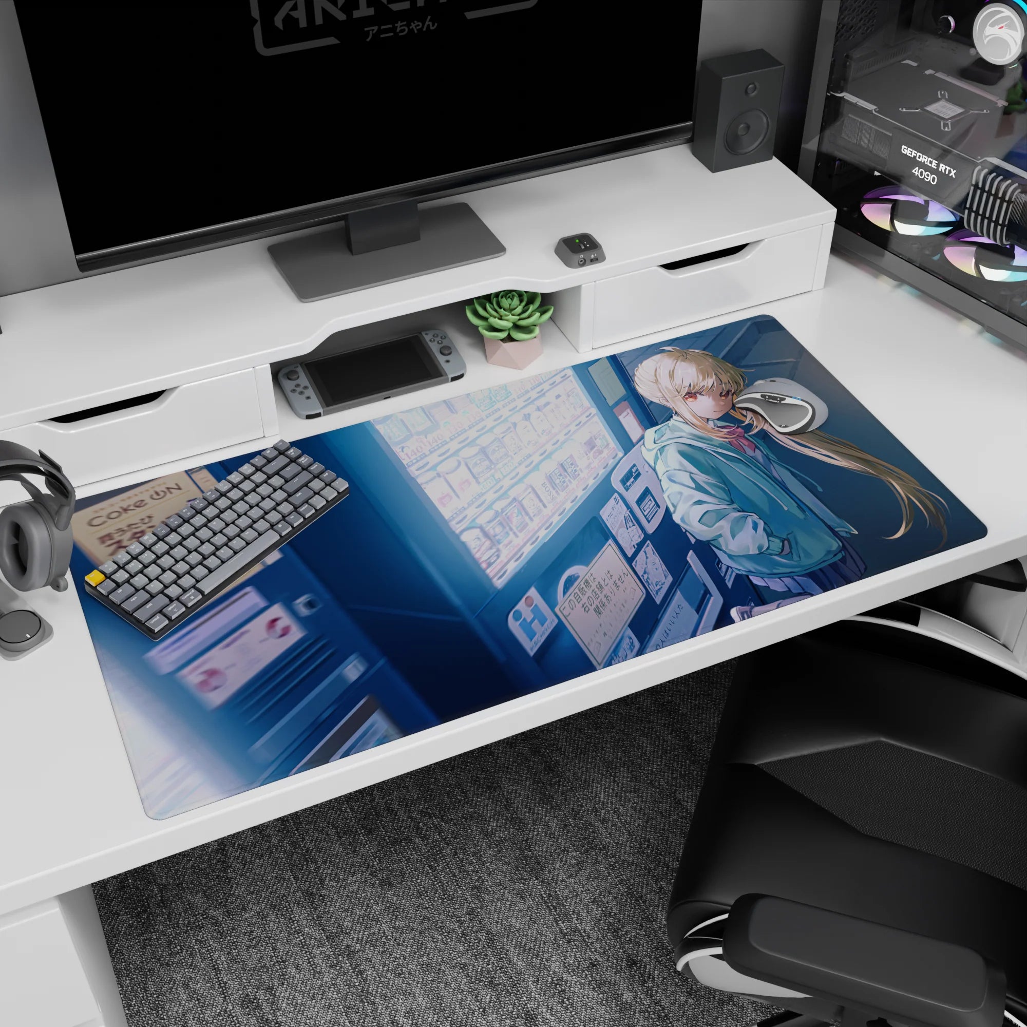 40x20 inches anime desk pad showing shy blonde girl in oversized mint hoodie, amber eyes by vending wall.