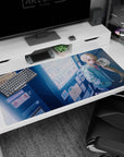 40x20 inches anime desk pad showing shy blonde girl in oversized mint hoodie, amber eyes by vending wall.