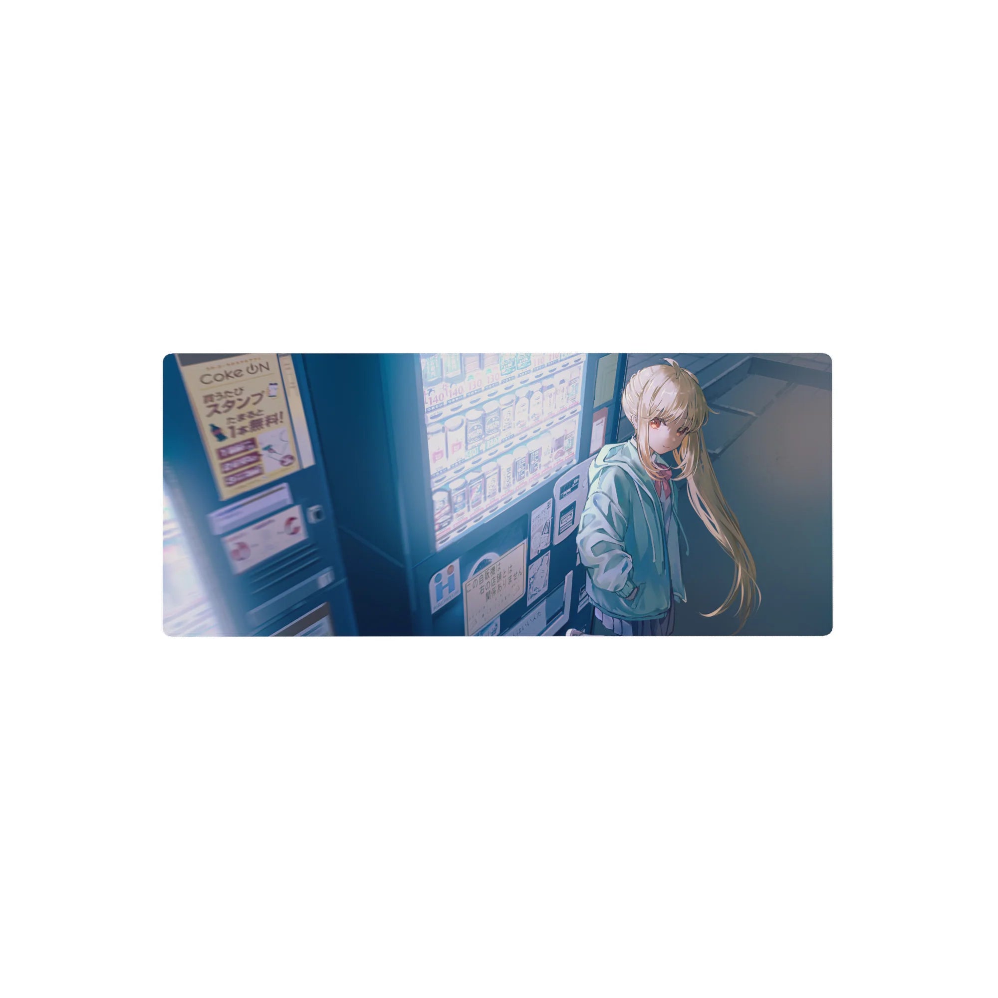 28x12 inches anime girl mouse pad with neon city vending machine scene, Japanese labels, mint hoodie.